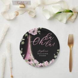 Parisian Black Pink Floral Paper Plate