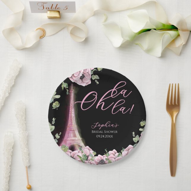 Parisian Black Pink Floral Paper Plate (Wedding)