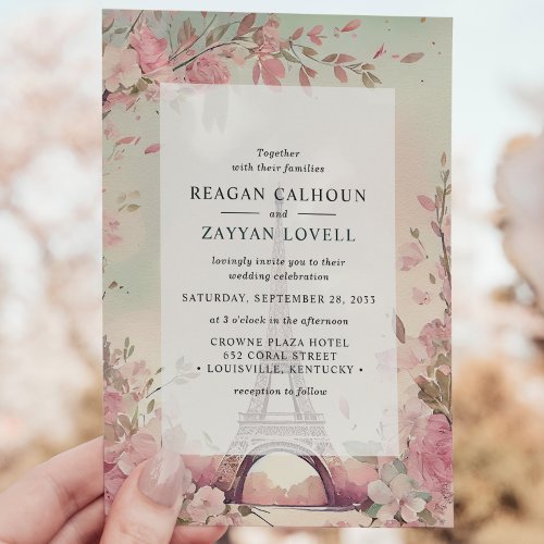 Parisian Blossom Eiffel Tower Paris Wedding Invitation