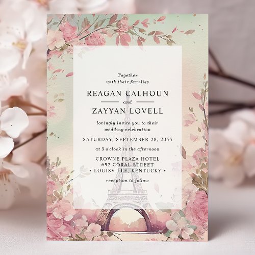 Parisian Blossom Eiffel Tower Paris Wedding Invitation