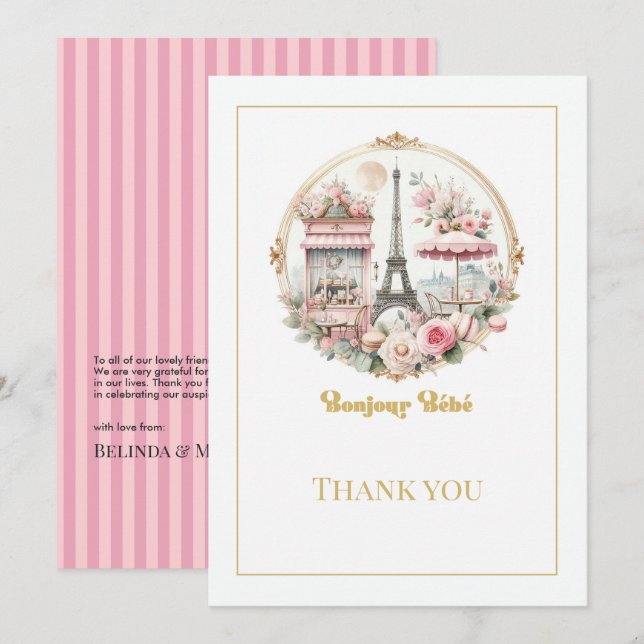 Parisian Bonjour Bébé Pink French Café Baby Shower Thank You Card (Front/Back)