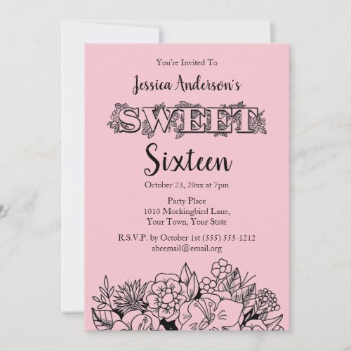 Parisian Boutique Pink Black Floral Sweet Sixteen Invitation