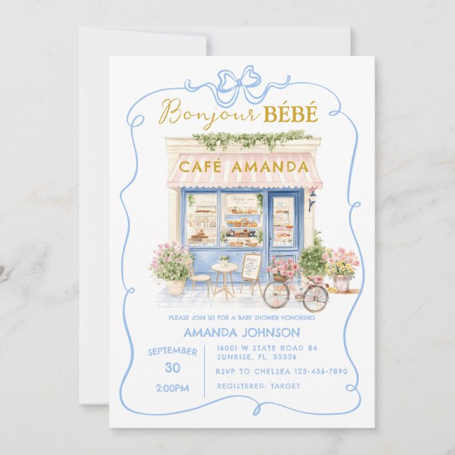 Parisian Cafe Blue Coquette Baby Shower Invitation (Front)