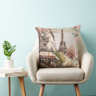 Parisian Cafe Eiffel Tower Blush Pink French Roses Throw Pillow
