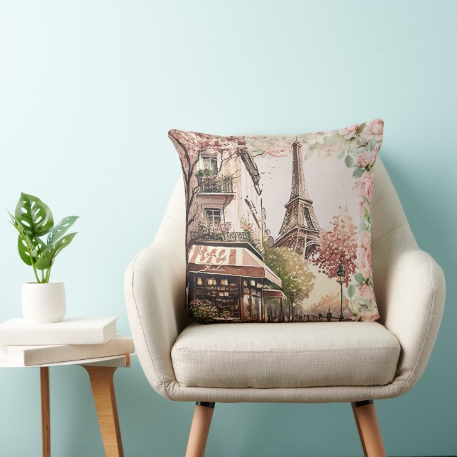 Parisian Cafe Eiffel Tower Blush Pink French Roses Throw Pillow (Chair)
