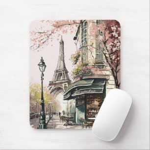 Parisian Cafe Eiffel Tower Pink Cherry Blossoms Mouse Pad