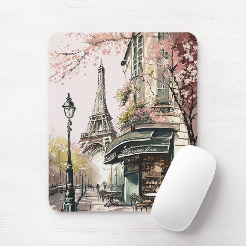 Parisian Cafe Eiffel Tower Pink Cherry Blossoms Mouse Pad