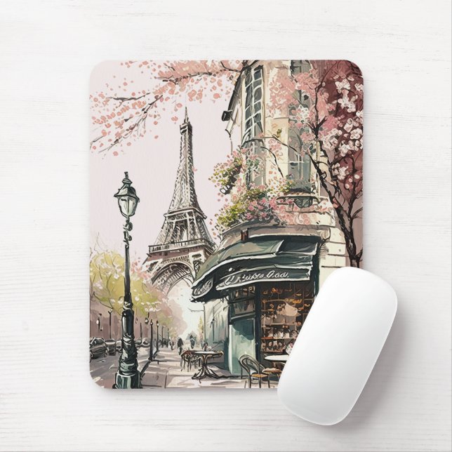 Parisian Cafe Eiffel Tower Pink Cherry Blossoms Mouse Pad (With Mouse)