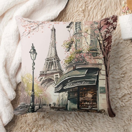 Parisian Cafe Eiffel Tower Pink Cherry Blossoms Throw Pillow