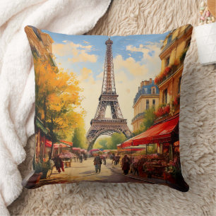 Parisian Cafe Flower Shops Eiffel Tower Scenery Throw Pillow