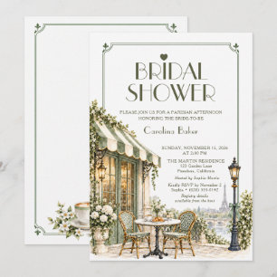 Parisian Cafe Sage Green Bow Bridal Shower Invitation