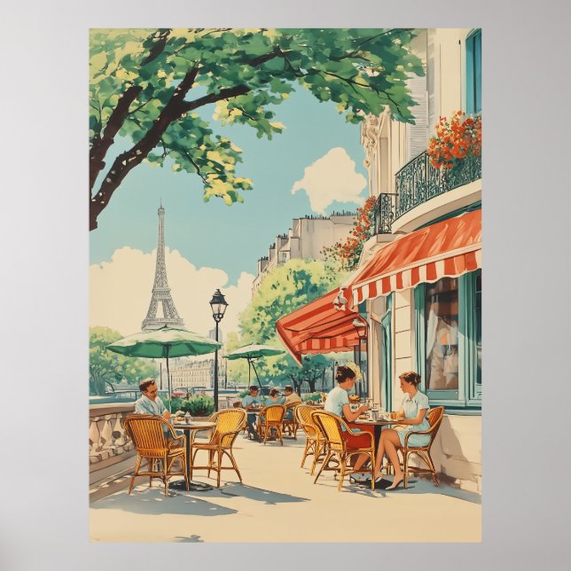 Parisian Café with Eiffel View Poster (Front)