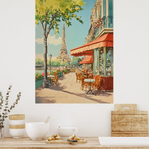 Parisian Café with Eiffel View Poster