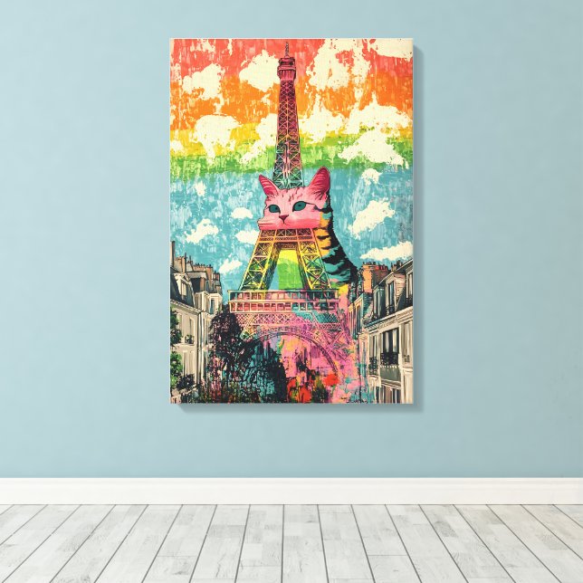 Parisian Cat - Eiffel Tower Fantasy Art Canvas Print (Insitu(Wood Floor))