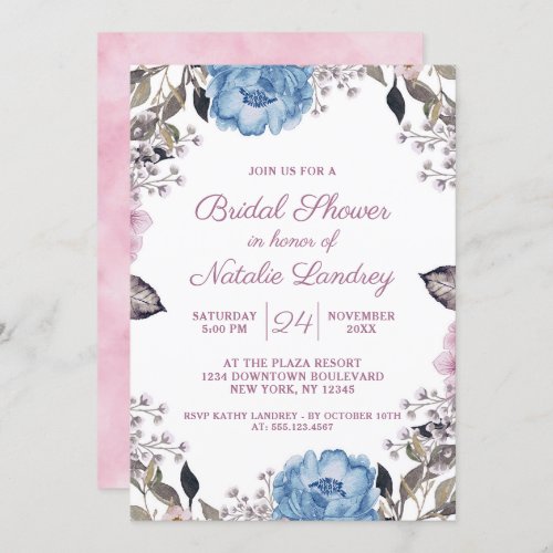 Parisian Charm Blue Floral Wedding Bridal Shower Invitation