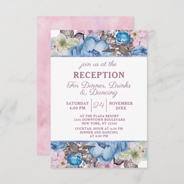 Parisian Charm Blue & Pink Chic Wedding Reception Invitation (Front/Back)