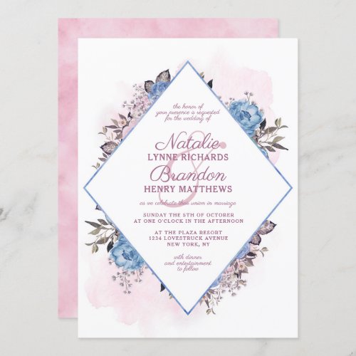 Parisian Charm Blue  Pink Diamond Frame Wedding Invitation