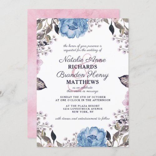 Parisian Charm Blue  Pink Floral Border Wedding Invitation