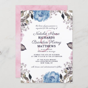 Parisian Charm Blue & Pink Floral Border Wedding Invitation