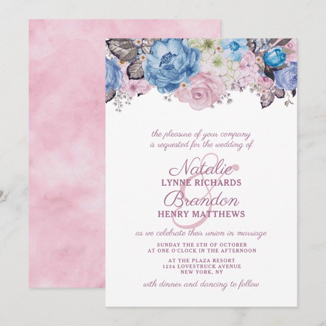 Parisian Charm Blue & Pink Floral Chic Wedding Invitation (Front/Back)