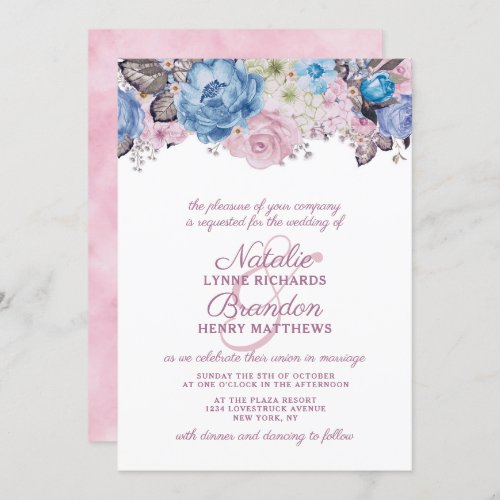Parisian Charm Blue  Pink Floral Chic Wedding Invitation