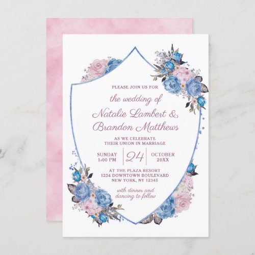 Parisian Charm Blue  Pink Floral Crest Wedding Invitation