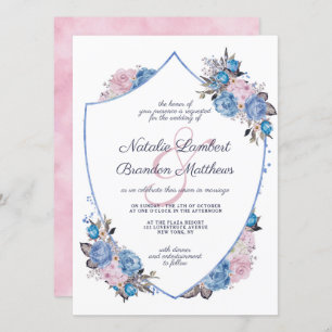 Parisian Charm Blue & Pink Floral Crest Wedding Invitation