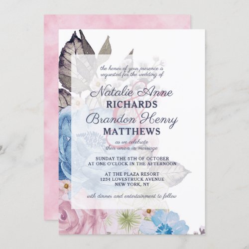 Parisian Charm Blue  Pink Floral Framed Wedding Invitation