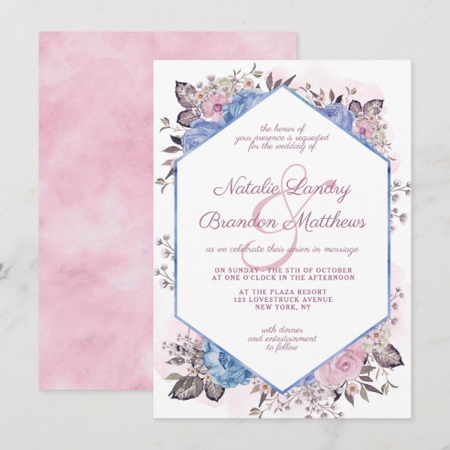 Parisian Charm Blue & Pink Floral Hexagon Wedding Invitation (Front/Back)