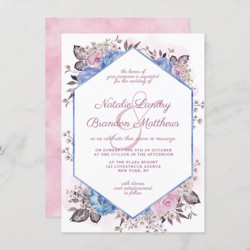 Parisian Charm Blue  Pink Floral Hexagon Wedding Invitation