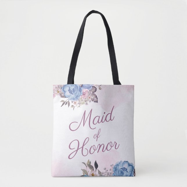 Parisian Charm Blue & Pink Floral Maid of Honor Tote Bag (Front)