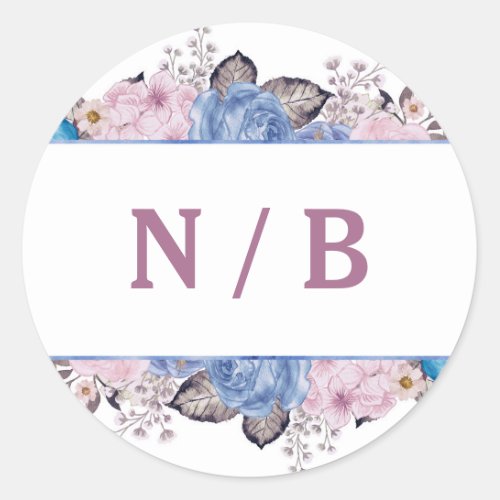Parisian Charm Blue  Pink Floral Monogram Wedding Classic Round Sticker
