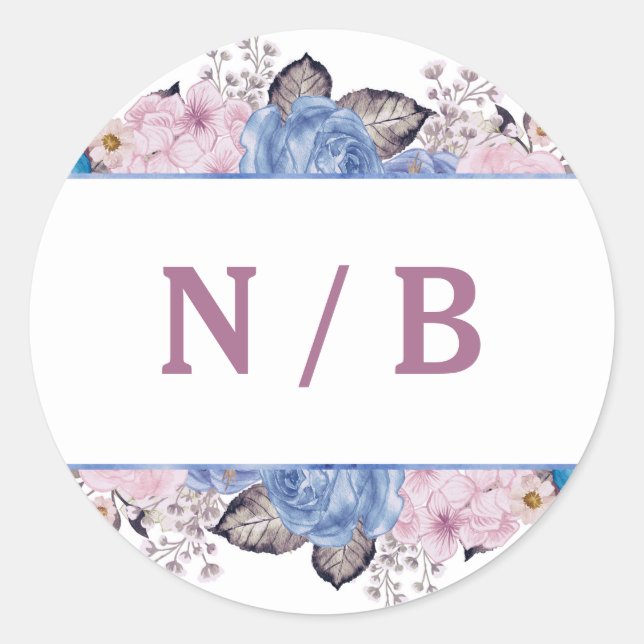 Parisian Charm Blue & Pink Floral Monogram Wedding Classic Round Sticker (Front)
