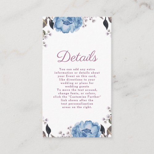 Parisian Charm Blue  Pink Floral Wedding Details Enclosure Card