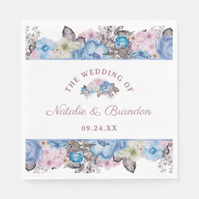 Parisian Charm Blue & Pink Floral Wedding Monogram Napkins (Front)