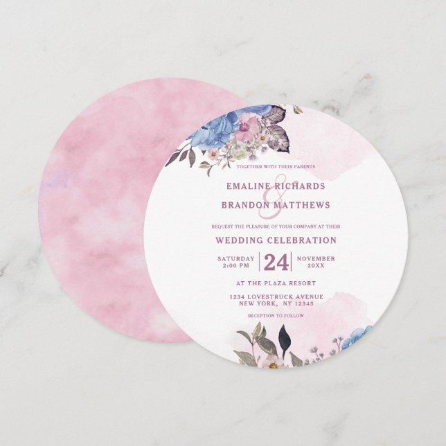 Parisian Charm Blue & Pink Floral Wedding Round Invitation (Front/Back)