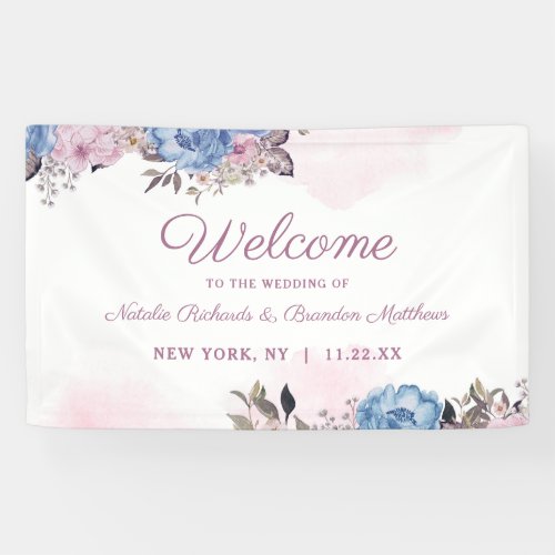 Parisian Charm Blue  Pink Floral Wedding Welcome Banner