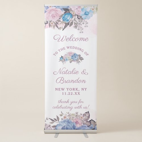 Parisian Charm Blue  Pink Floral Wedding Welcome Retractable Banner