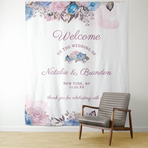 Parisian Charm Blue  Pink Floral Wedding Welcome Tapestry