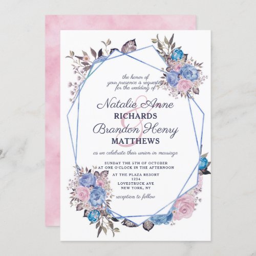 Parisian Charm Blue  Pink Geometric Wedding Invitation