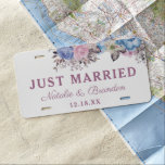 Parisian Charm Blue & Pink Wedding Just Married License Plate<br><div class="desc">Parisian Charm Blue & Pink Floral Chic and Shabby Design with Painted Roses, Leaves, and Flowers. A Charming and Playful Look, with Blush Pink, Dusty Blue, Mauve, Dark Navy Violet color palette. With Hand Painted Watercolor Floral elements, Vintage Classic Script Fonts - Wedding Just Married Newlyweds License Plate Cover! ~...</div>