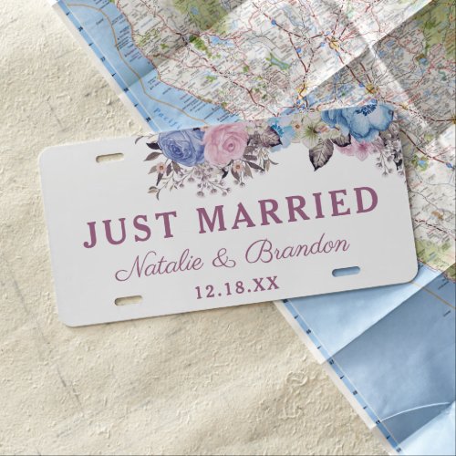 Parisian Charm Blue  Pink Wedding Just Married License Plate