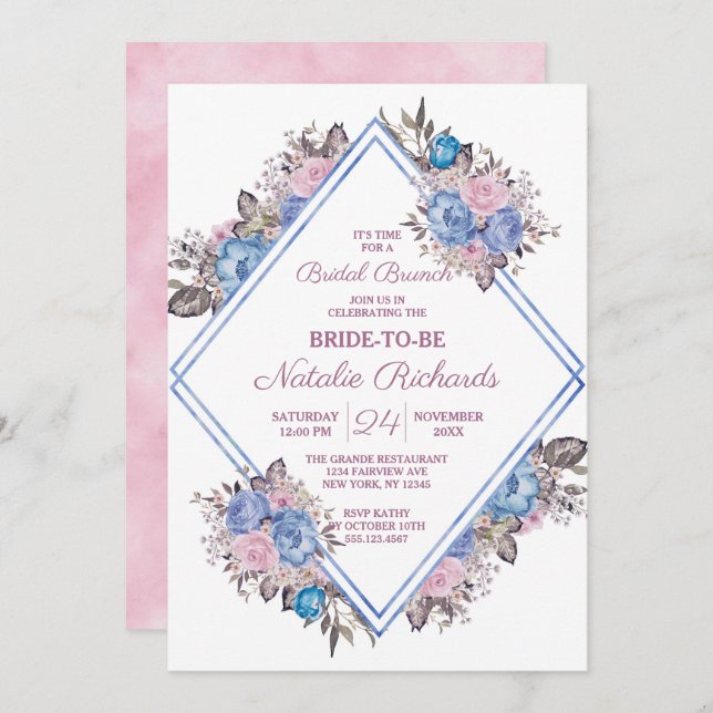 Parisian Charm Floral Diamond Bridal Brunch Shower Invitation (Front/Back)
