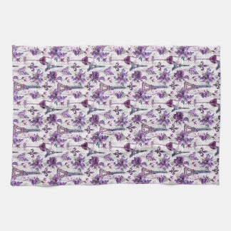 Parisian Charm Purple Eiffel Tower and Floral Kitchen Towel