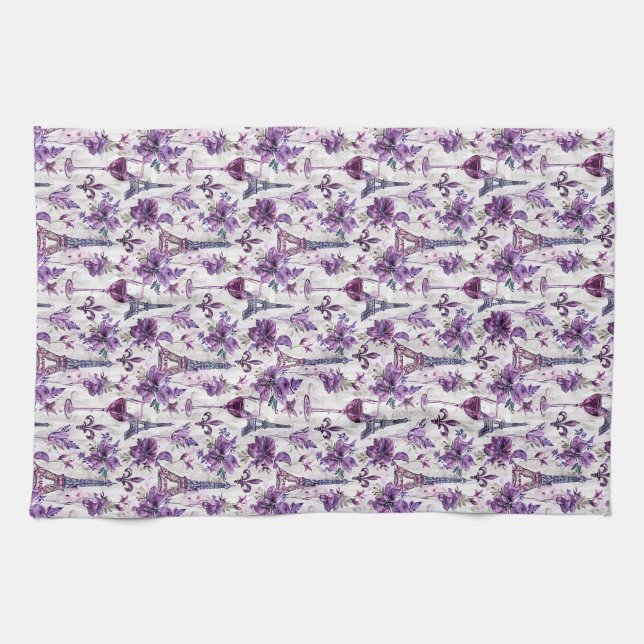 Parisian Charm Purple Eiffel Tower and Floral  Kitchen Towel (Horizontal)