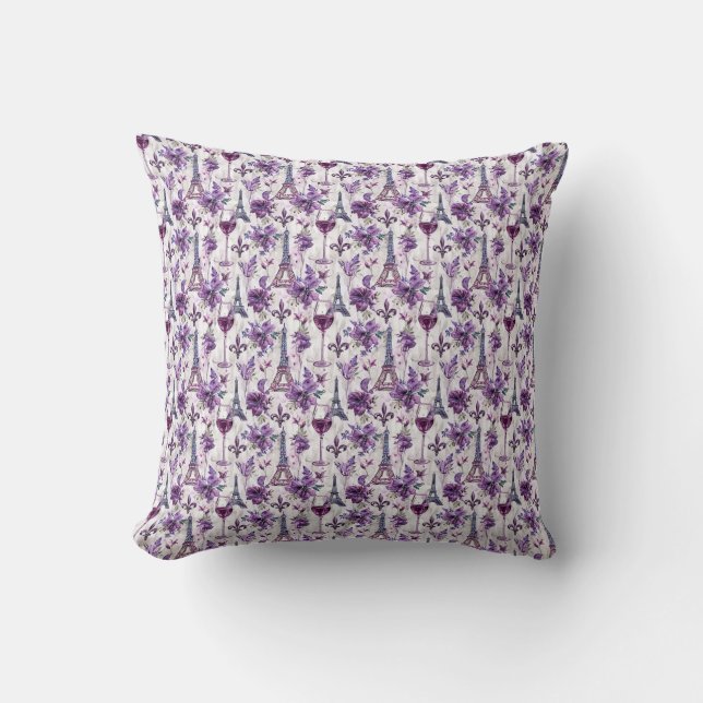 Parisian Charm Purple Eiffel Tower and Floral  Throw Pillow (Front)