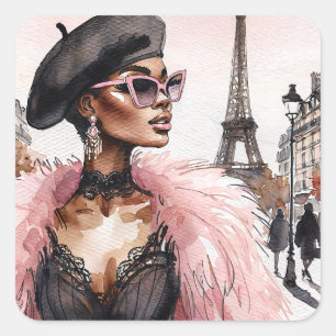 Parisian Chic Black Woman in France Watercolor Square Sticker