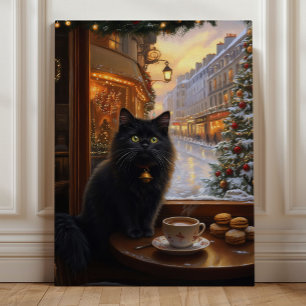 Parisian Christmas Cat – Whimsical Black Cat Café Canvas Print