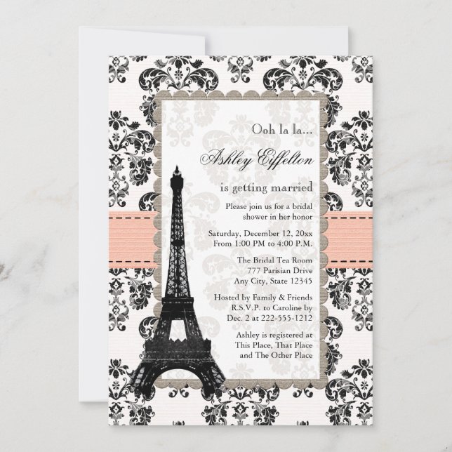 Parisian Coral Peach Bridal Shower Invitations (Front)