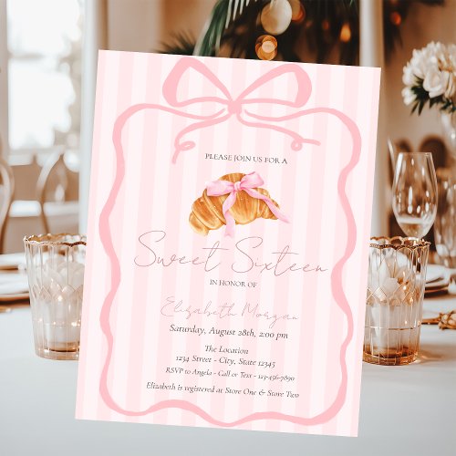 Parisian Croissant Pink Bow Pink Stripes Sweet 16 Invitation